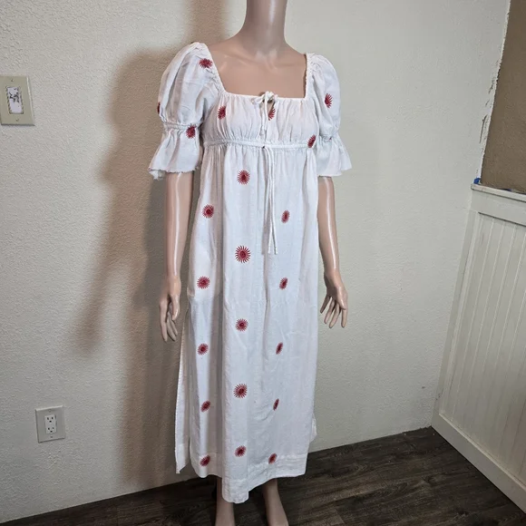 Free People Midi Dress Ivory Red Emory Embroider Cotton Preppy Boho Small - Picture 12 of 16